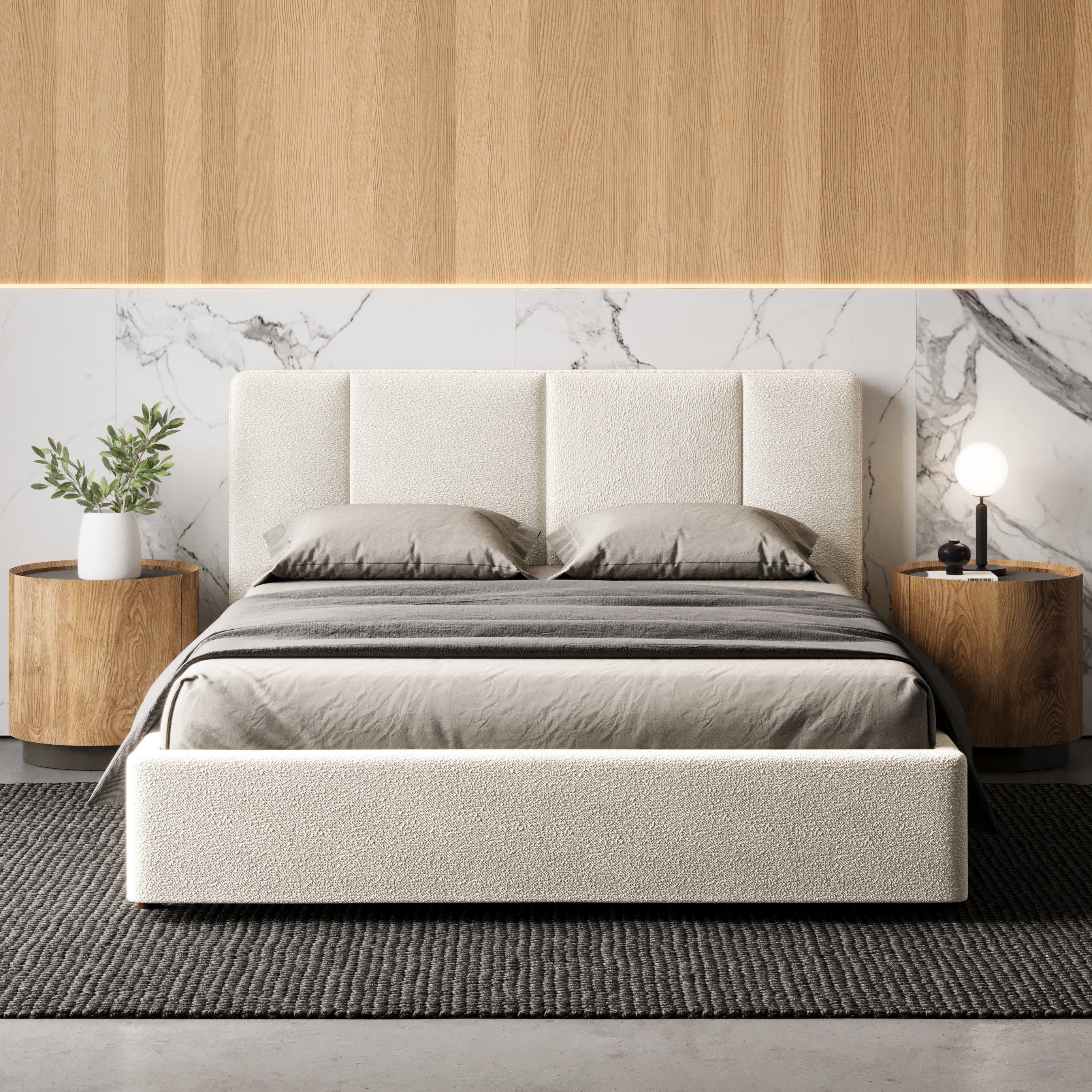 Venice Upholstered Platform Queen Bed, Cream Beige Boucle Fabric