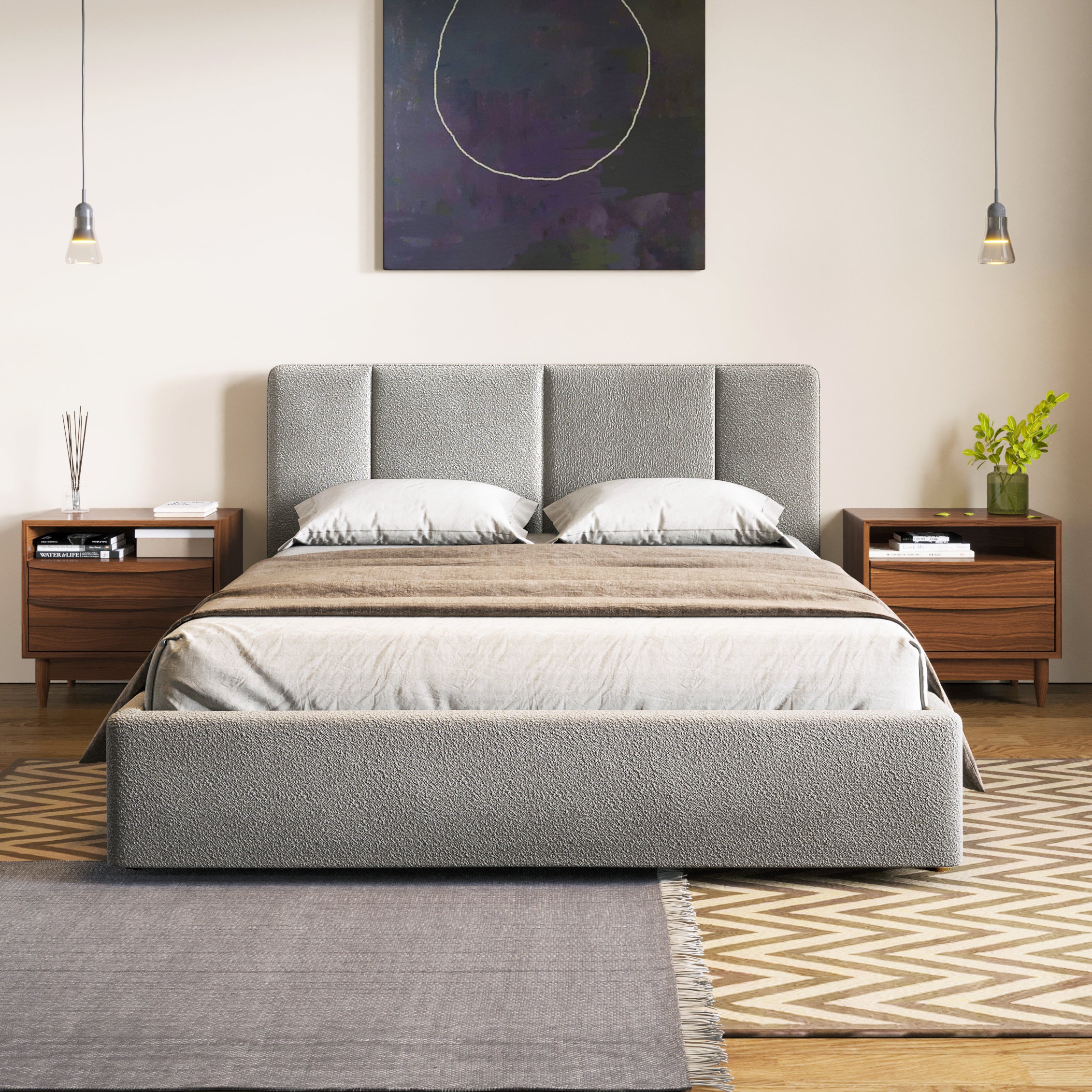 Venice Upholstered Platform Queen Bed, Gray Boucle Fabric