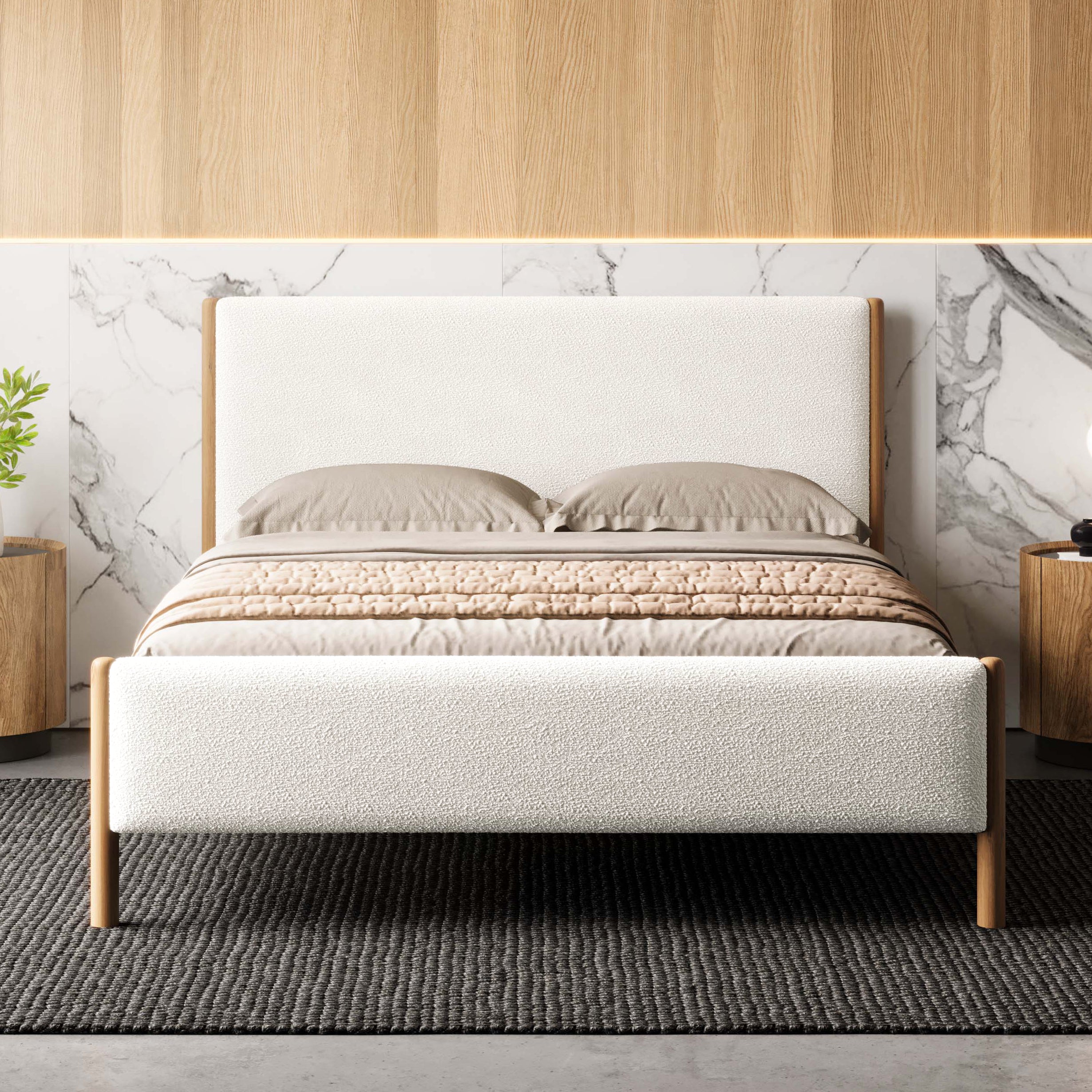 Liana Upholstered Platform Queen Bed, White Boucle Fabric