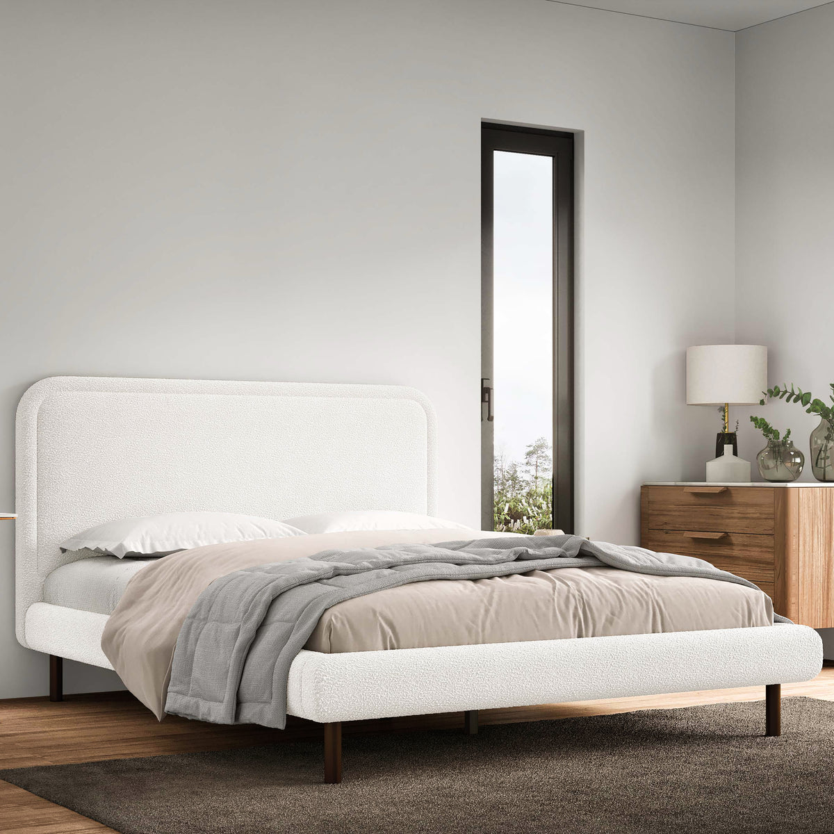 ひめ！ Beverly Upholstered Platform Queen Bed, White Boucle Fabric