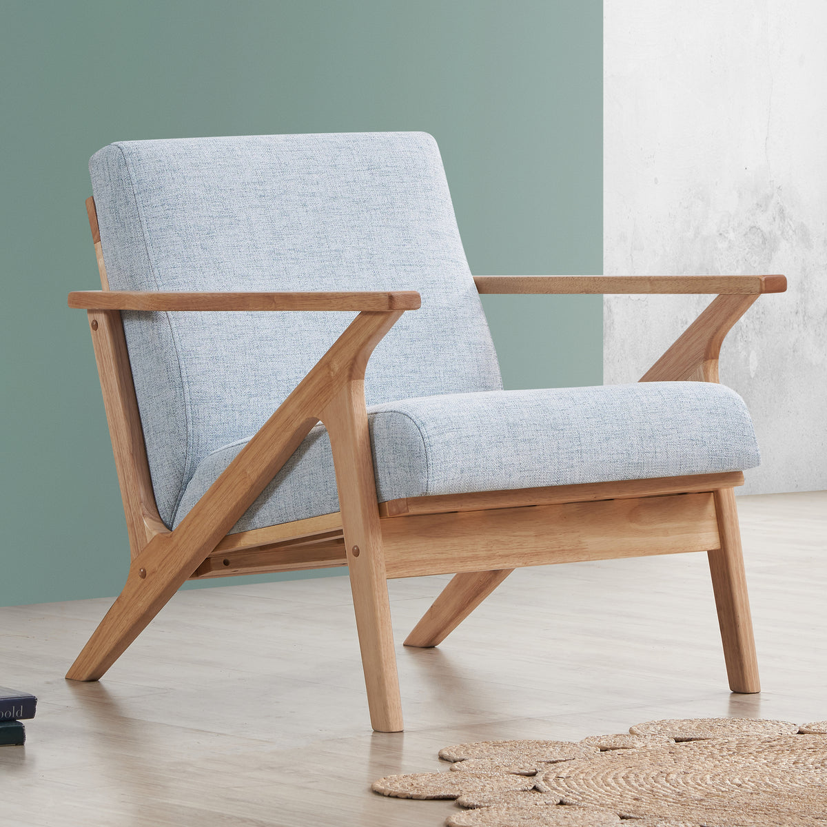 Zola Upholstered Accent Armchair - Light Blue/Oak – Omax Decor
