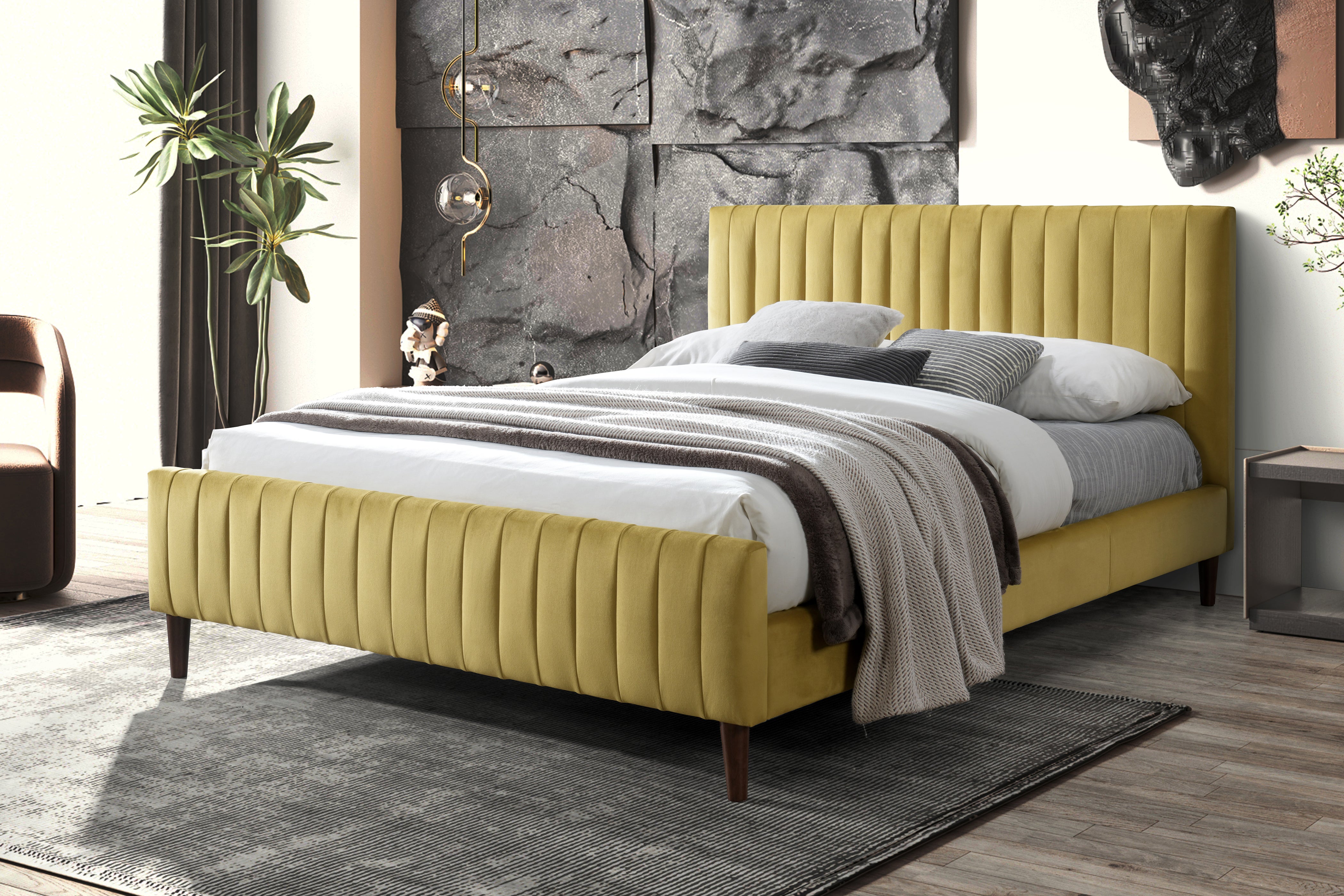 Spencer Upholstered Platform Bed - Queen size, Gold Velvet