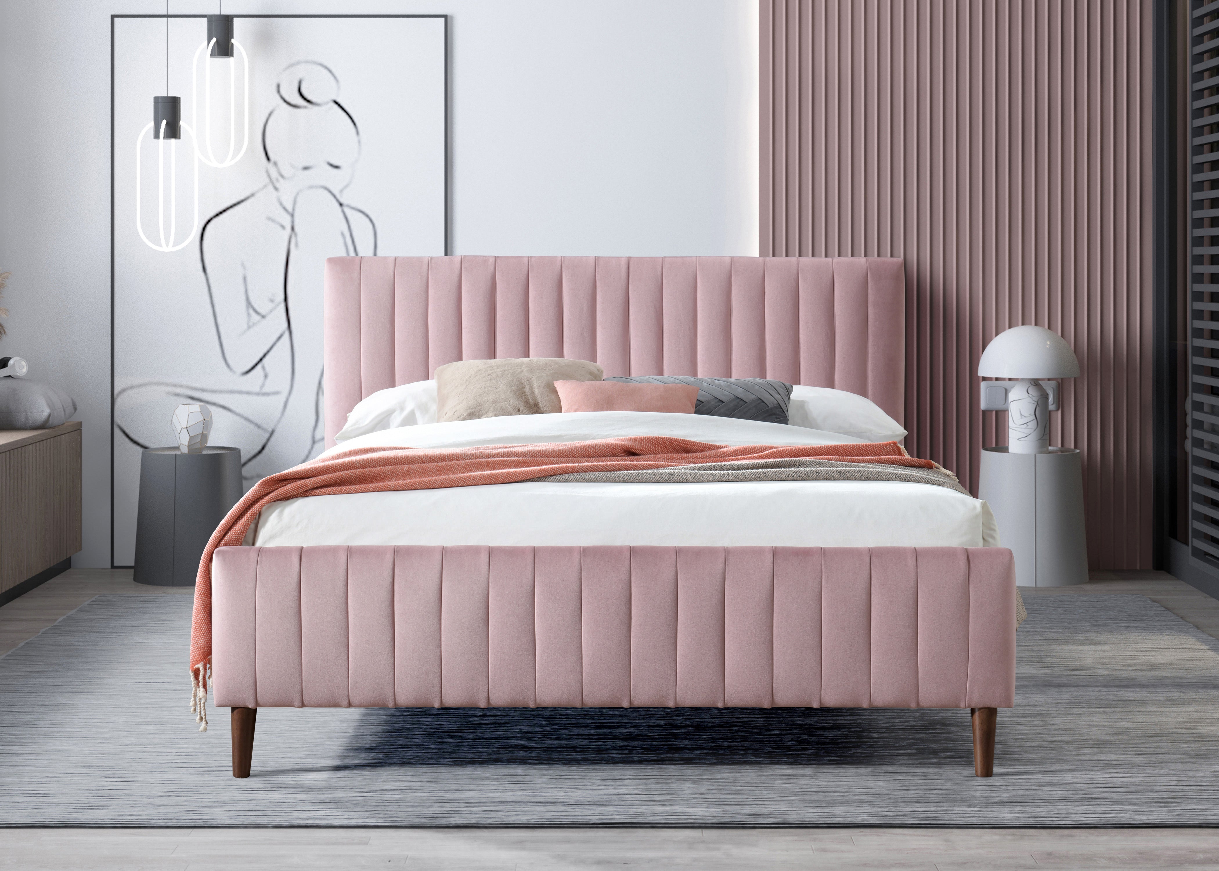 Spencer Upholstered Platform Bed - Queen size, Blush Velvet