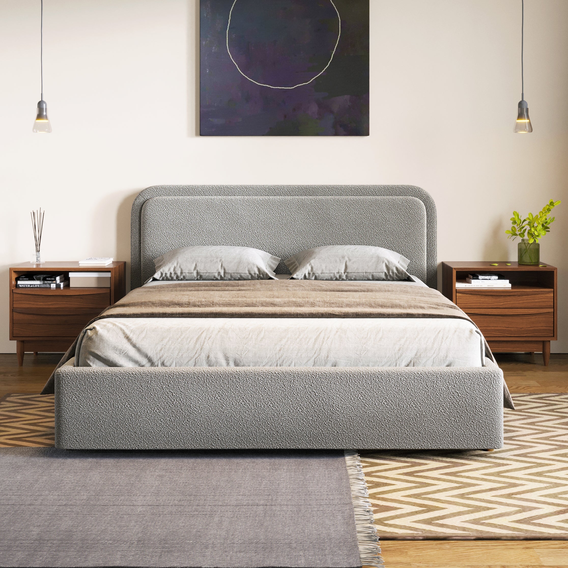 Chloe Upholstered Platform Queen Bed, Gray Boucle Fabric