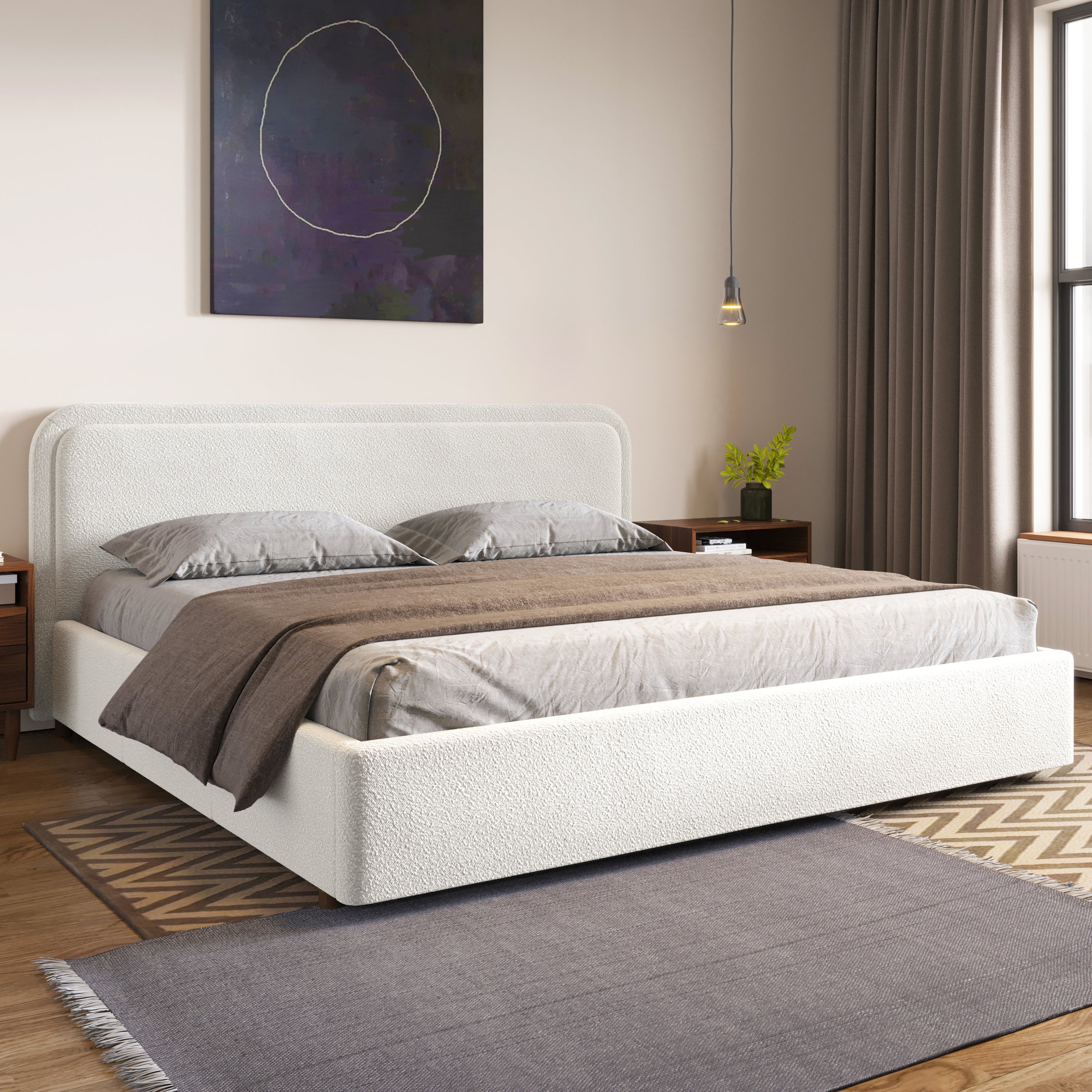 Chloe Upholstered Platform King Bed, White Boucle Fabric
