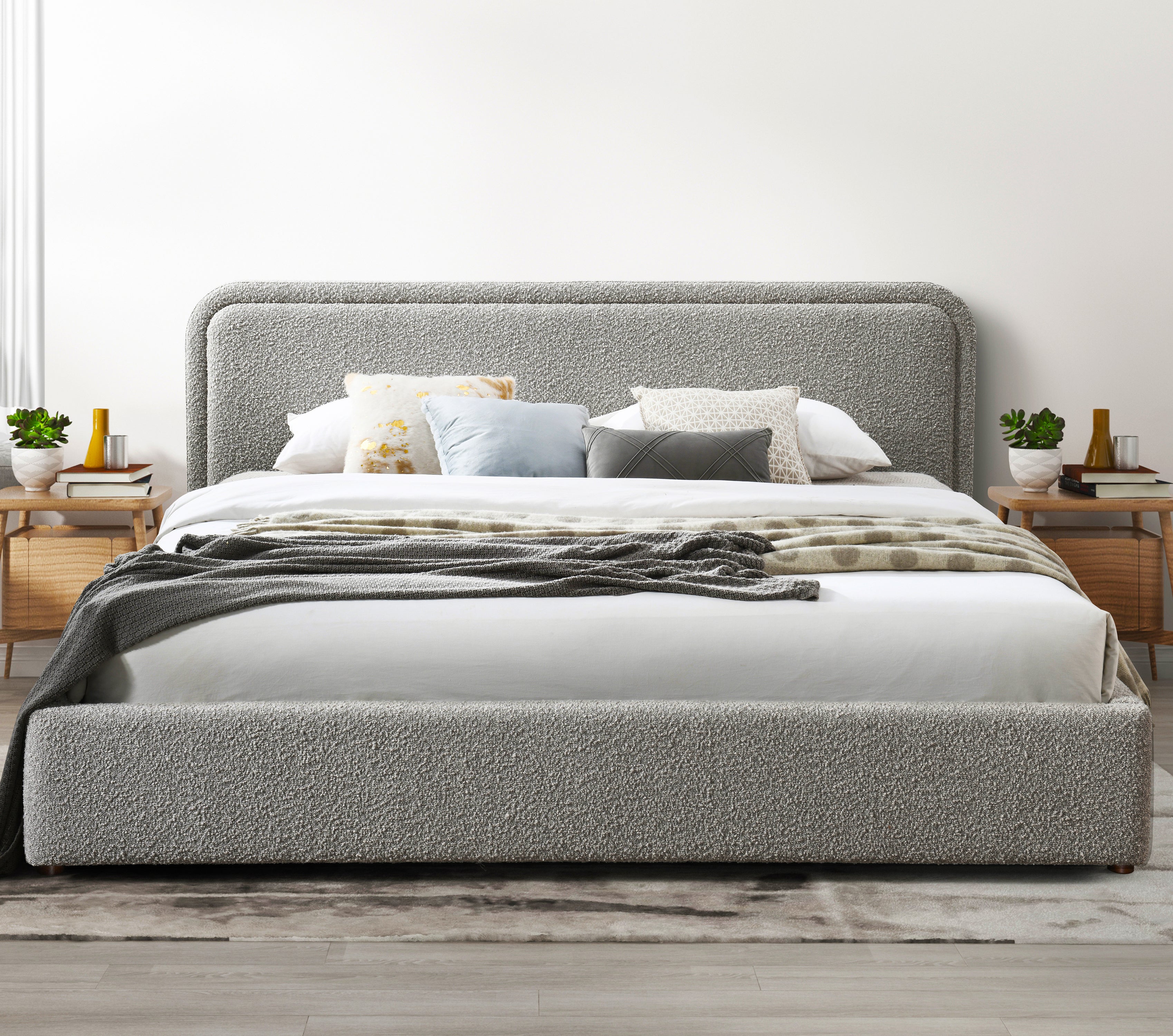 Chloe Upholstered Platform King Bed, Gray Boucle Fabric