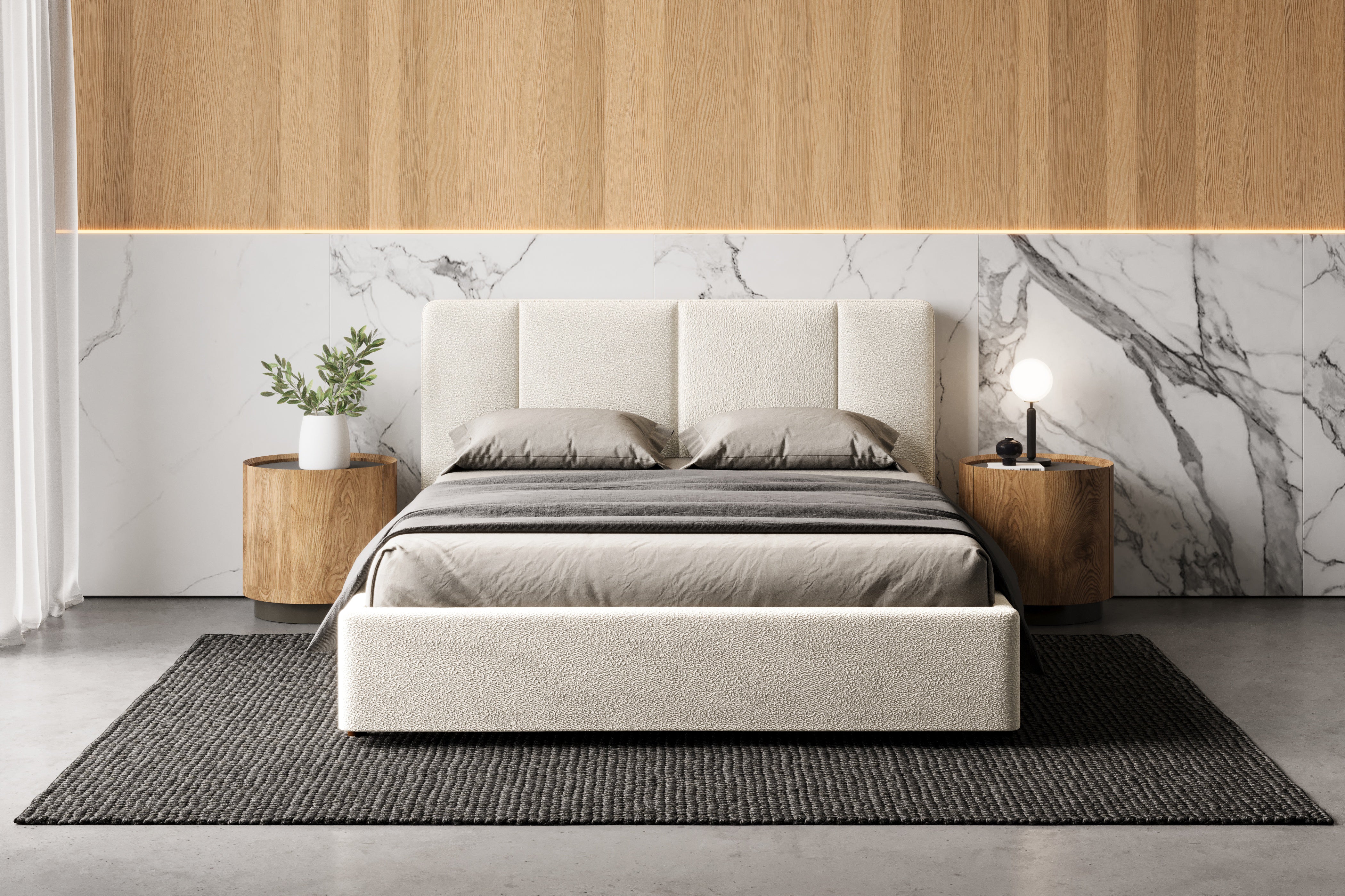 Venice Upholstered Platform Queen Bed, Cream Beige Boucle Fabric