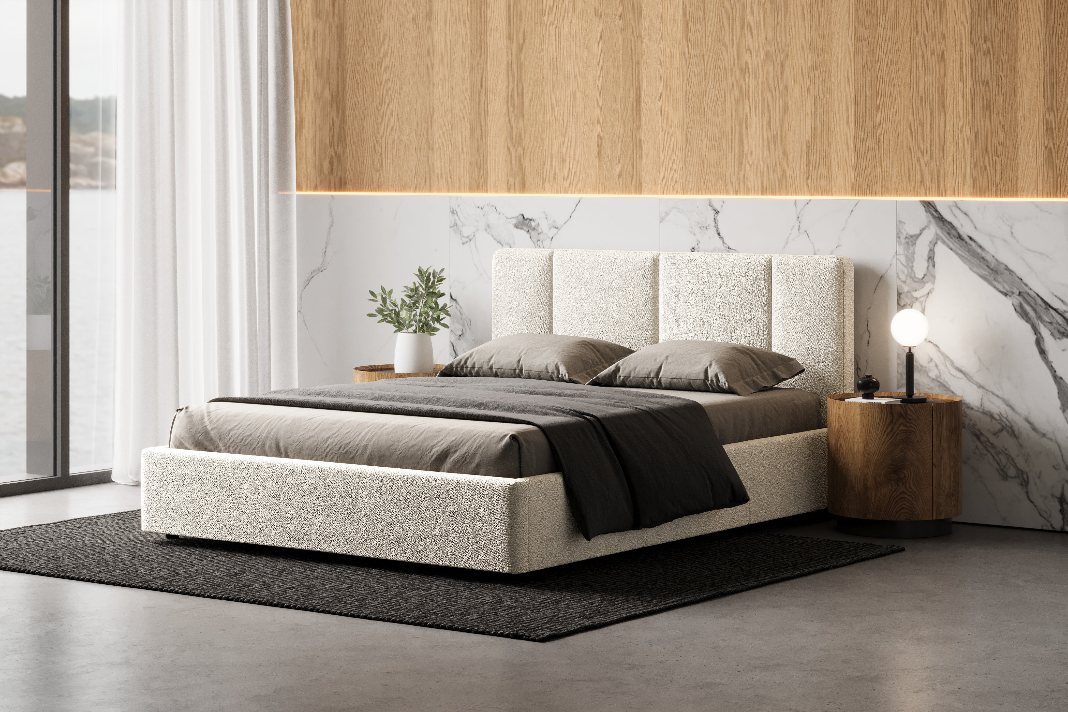Venice Upholstered Platform Queen Bed, Cream Beige Boucle Fabric