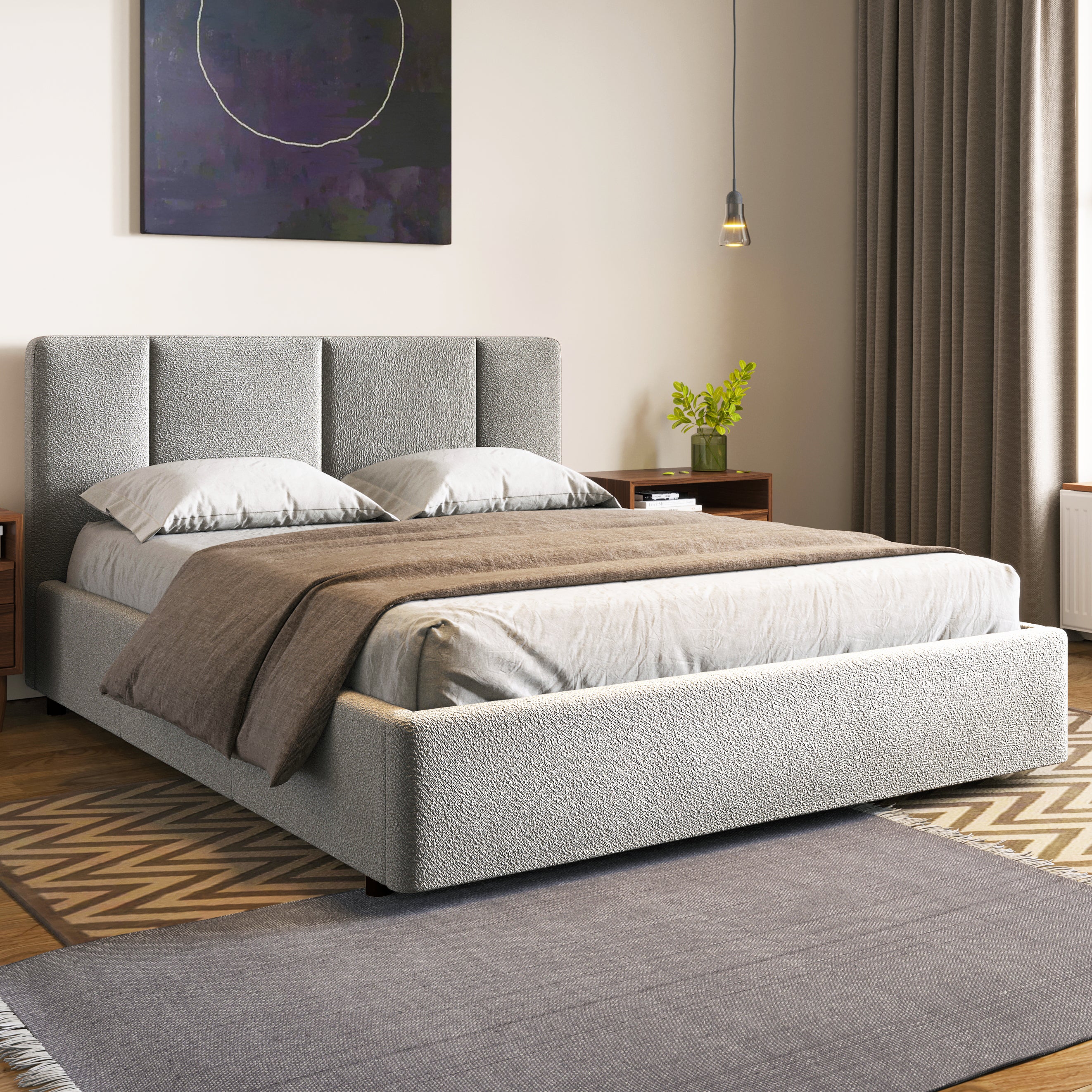 Venice Upholstered Platform Queen Bed, Gray Boucle Fabric