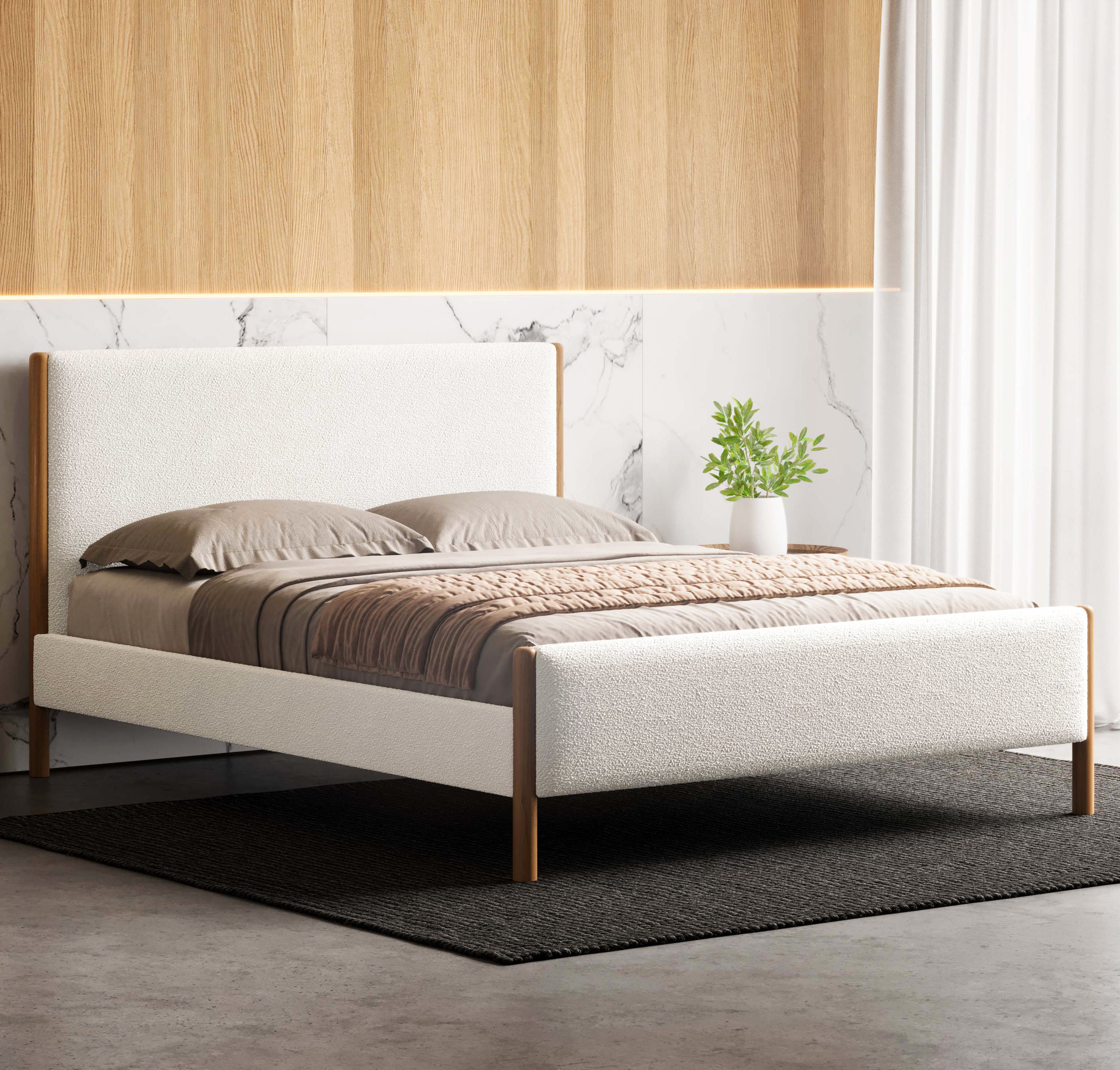 Liana Upholstered Platform Queen Bed White Boucle Fabric Omax Decor