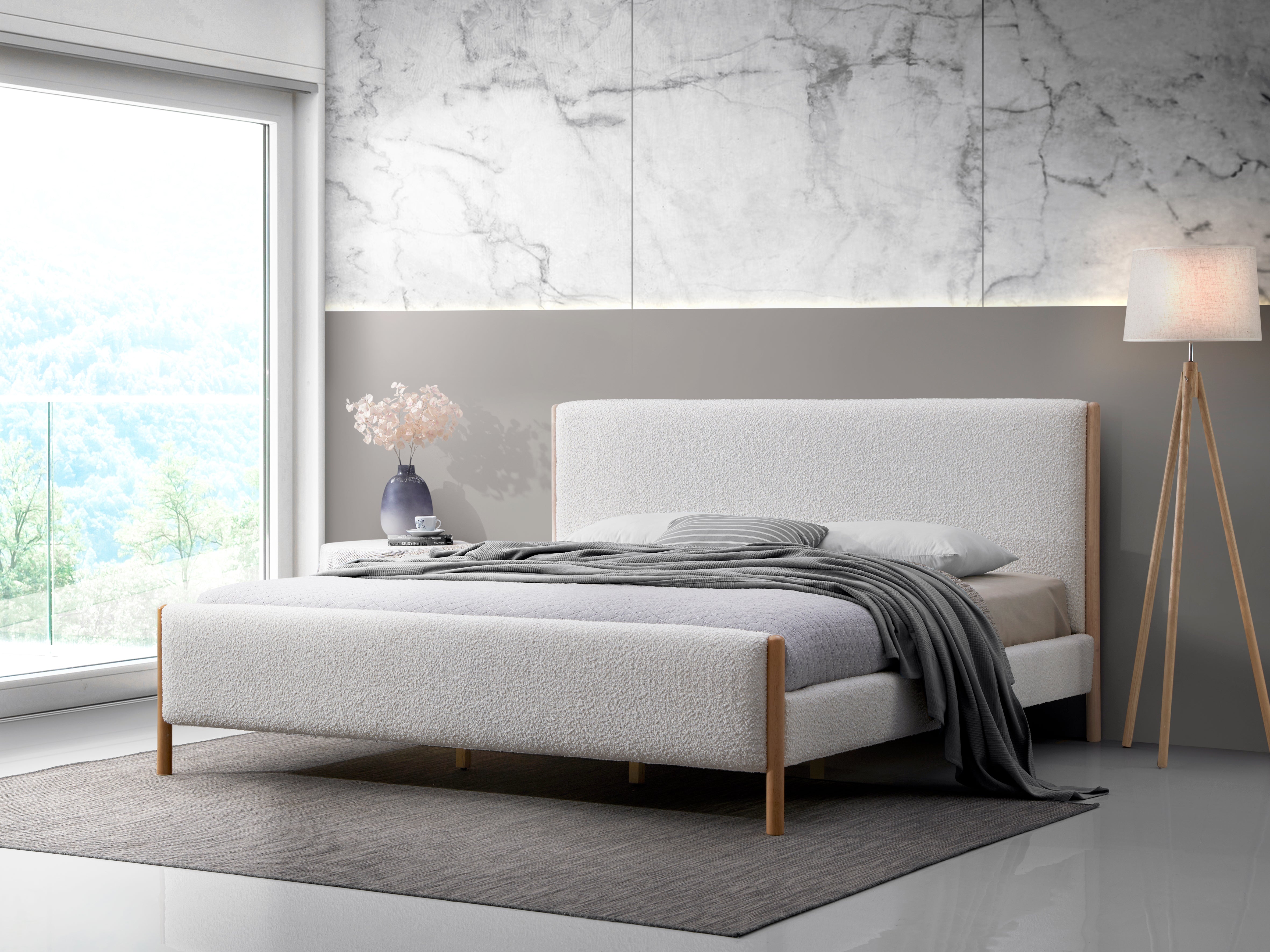 Liana Upholstered Platform King Bed, White Boucle Fabric