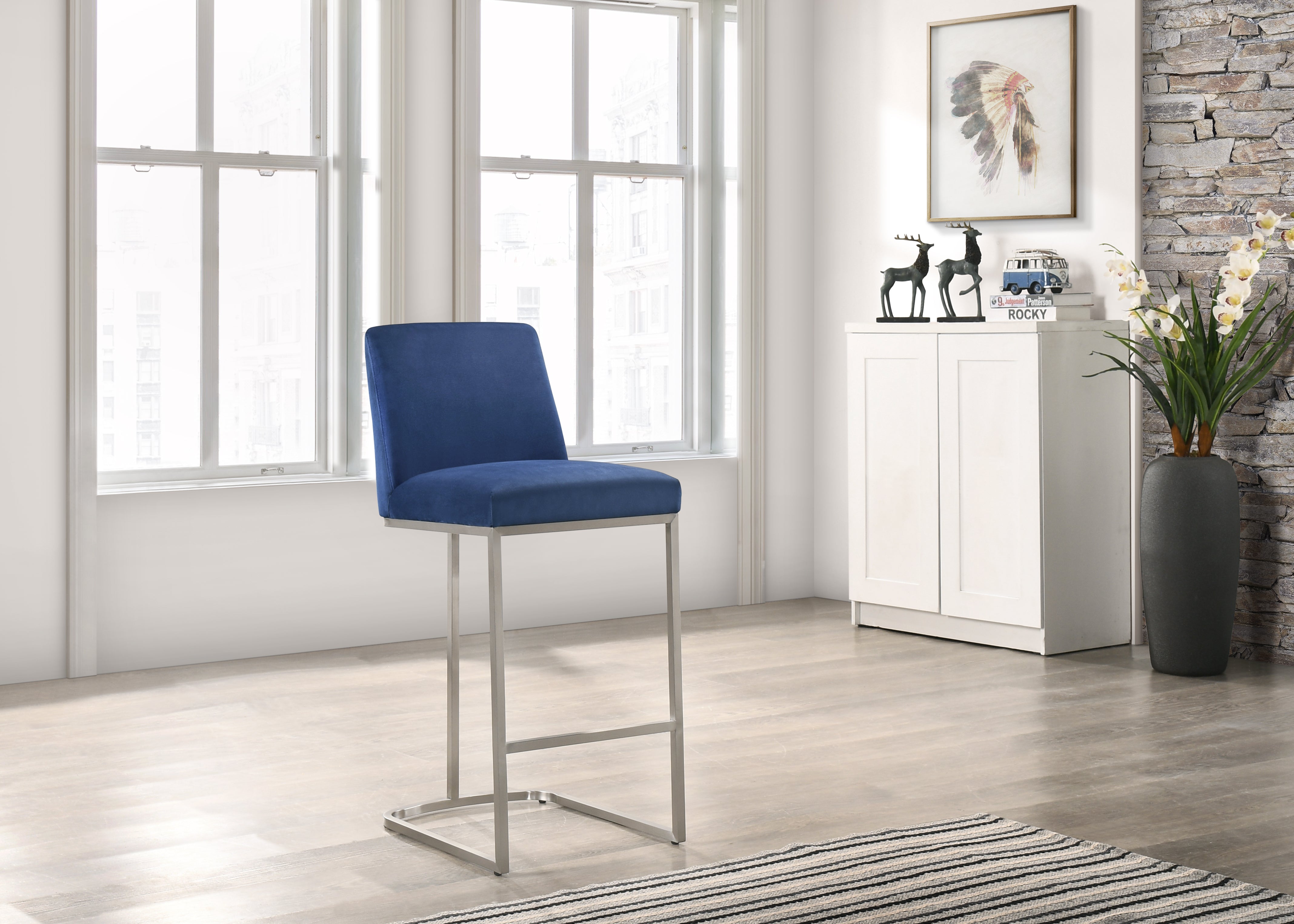 Sydney 26" Stainless Steel Counter Stool, Blue Velvet
