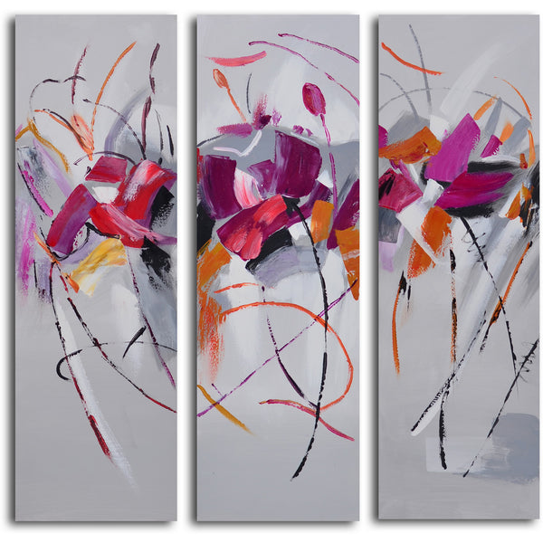Hand Painted "Fuschia frolicking flower triptych" 3 Piece Canvas Set