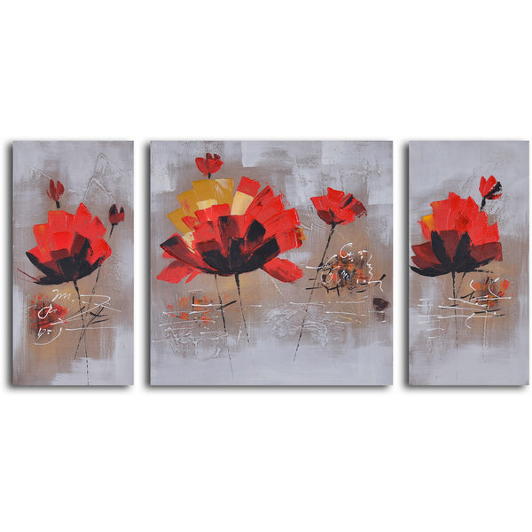 Hand Painted "Dancing red lillies" 3 Piece Canvas Set