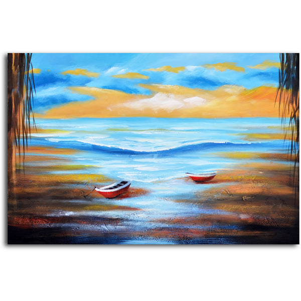 Hand painted "Dinghies at Shore" Canvas Wall Art