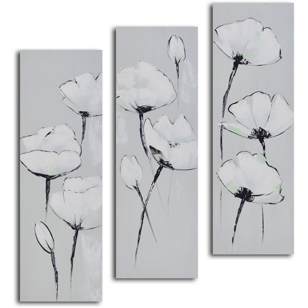 Hand Painted "White on white poppies" 3 Piece Canvas Set