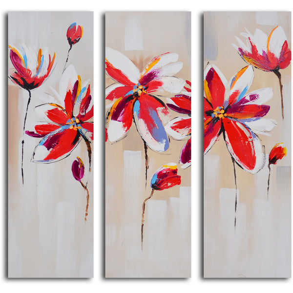 Hand Painted "Daliance of red florals" 3 Piece Canvas Set