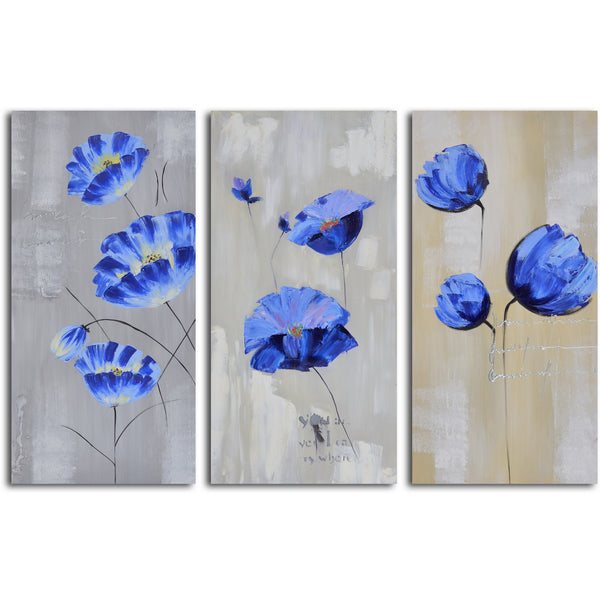 Hand Painted "Flighty blue florals" 3 Piece Canvas Set