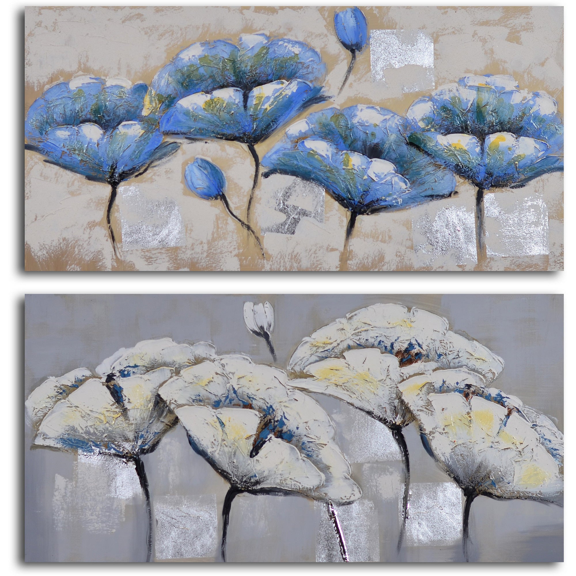 Hand Painted "Blue white poppy quartet" 2 Piece Canvas Set
