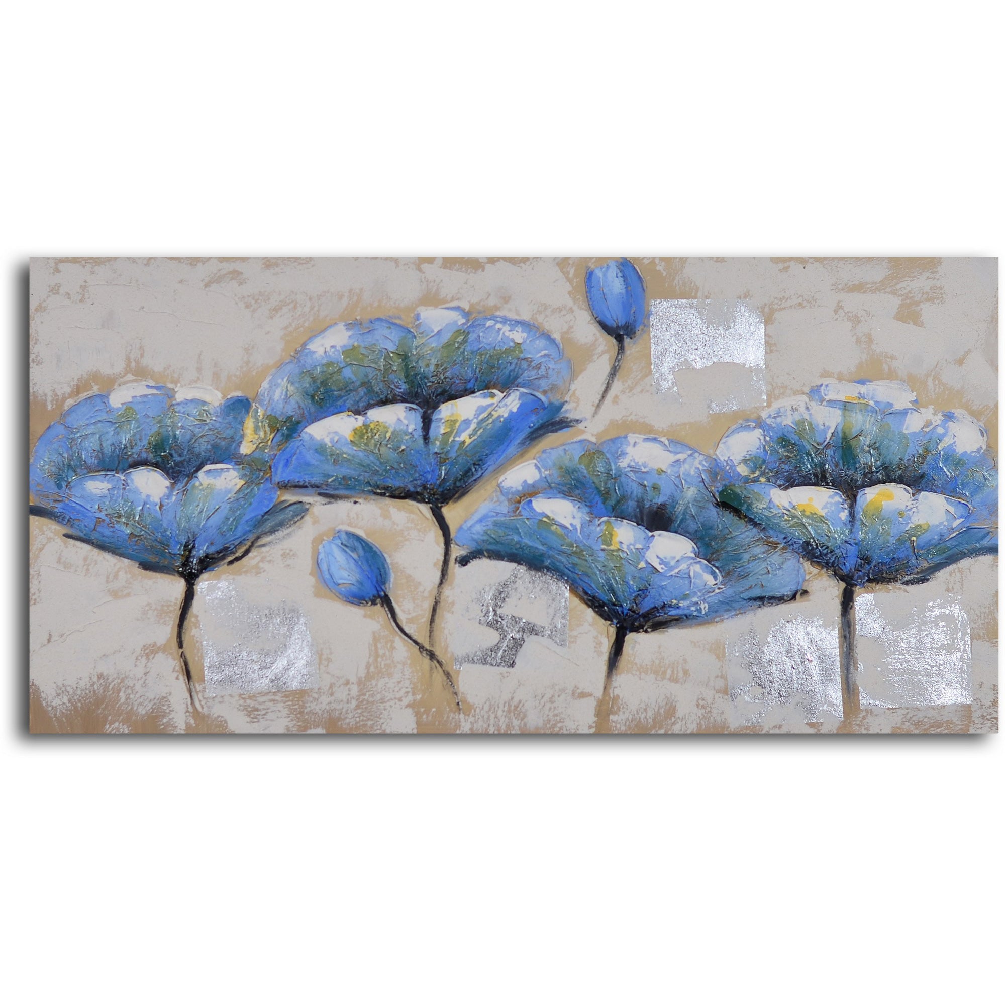 Hand Painted "Blue white poppy quartet" 2 Piece Canvas Set