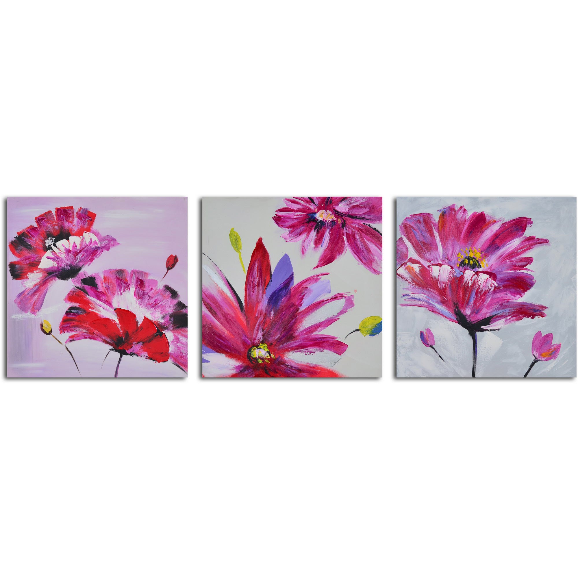 Hand Painted "Frenzy of fuschia florals" 3 Piece Canvas Set