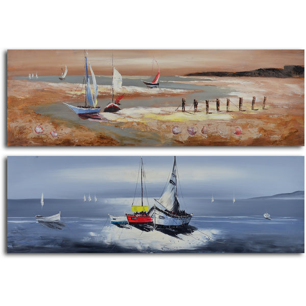 Hand Painted "Duo of sailboat seascapes" 2 Piece Canvas Set