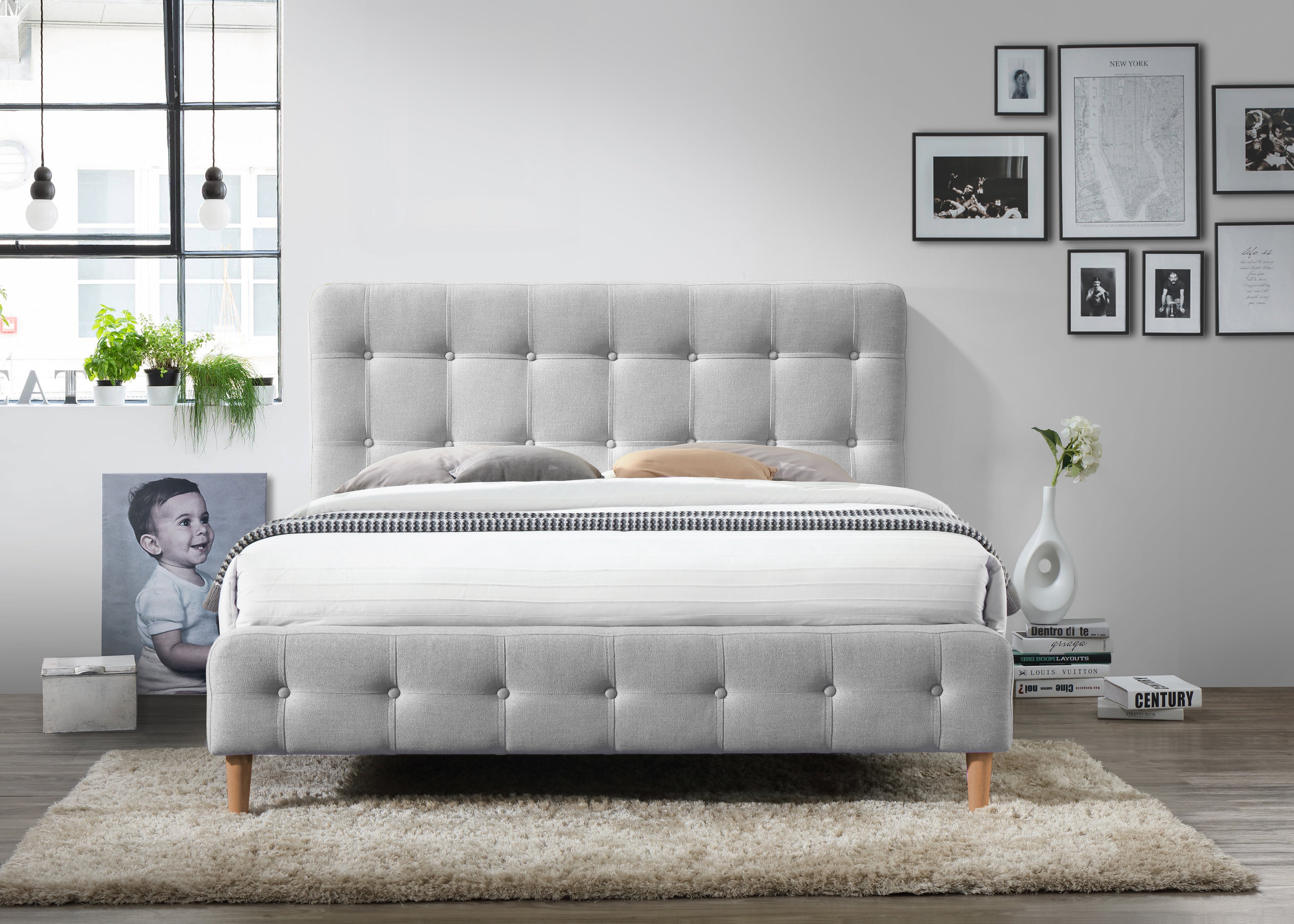 Hugo Upholstered Platform Bed - Light Grey