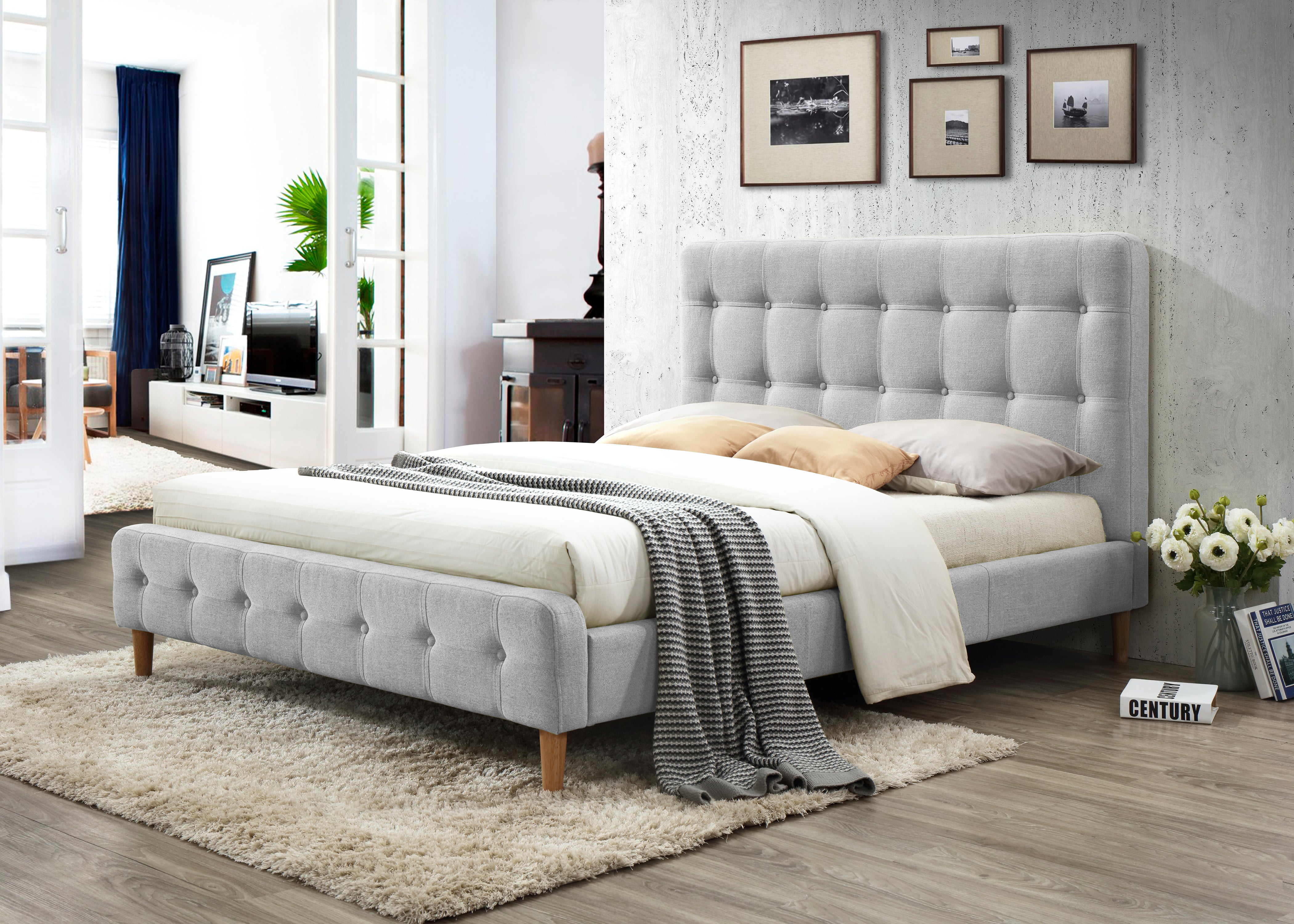 Hugo Upholstered Platform Bed - Light Grey