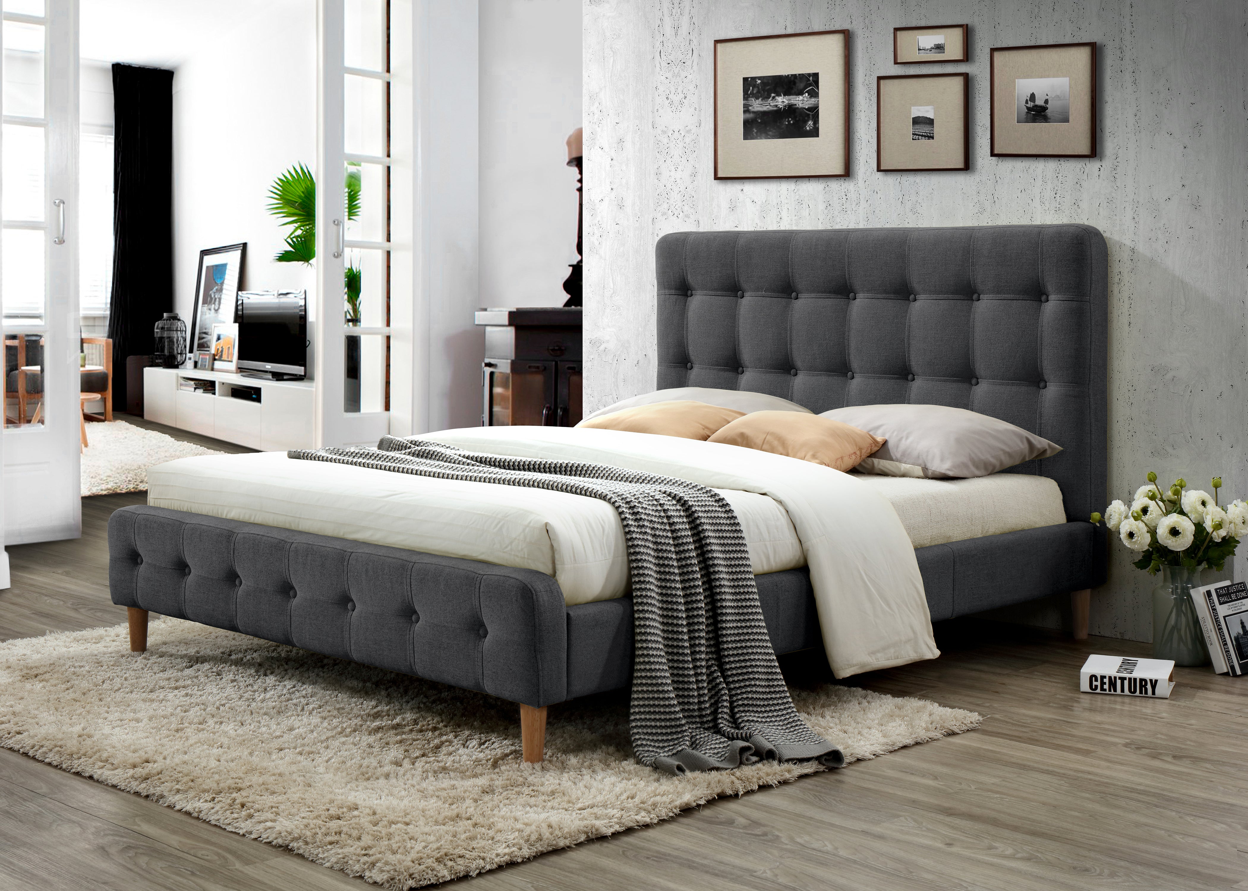 Hugo Upholstered Platform Bed - Charcoal
