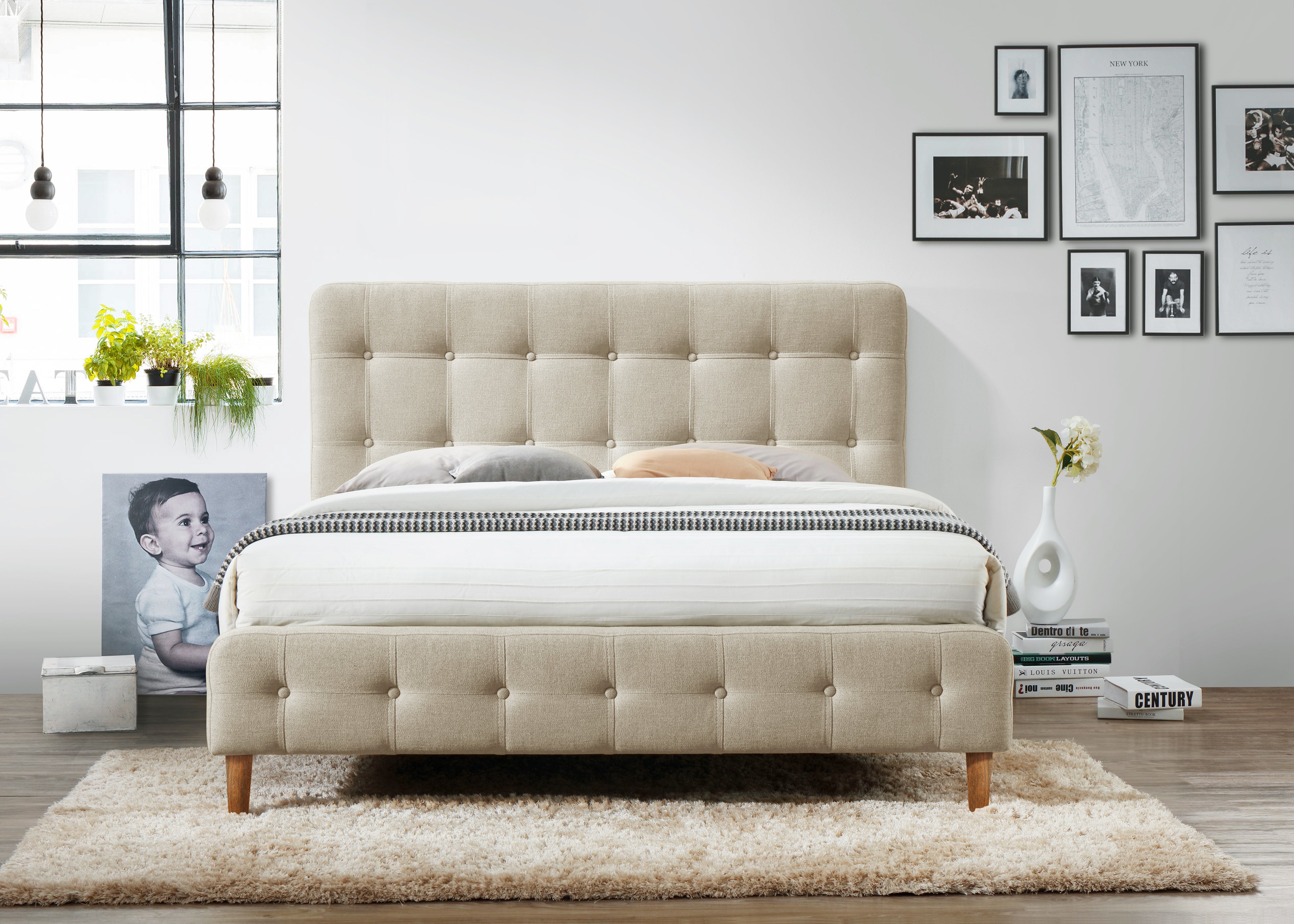 Hugo Upholstered Platform Bed - Beige