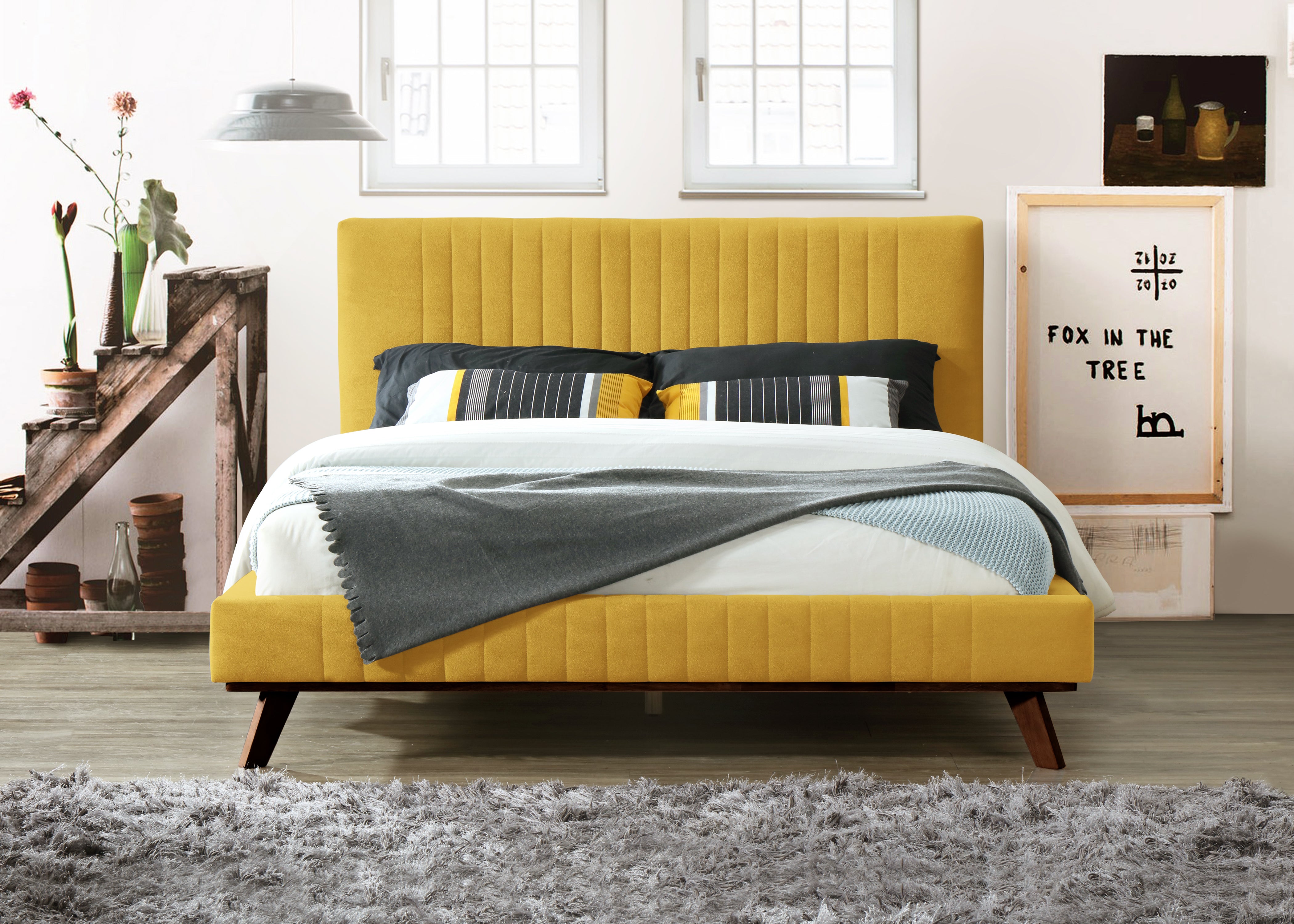 Sven Upholstered Platform Bed - Queen size, Mustard