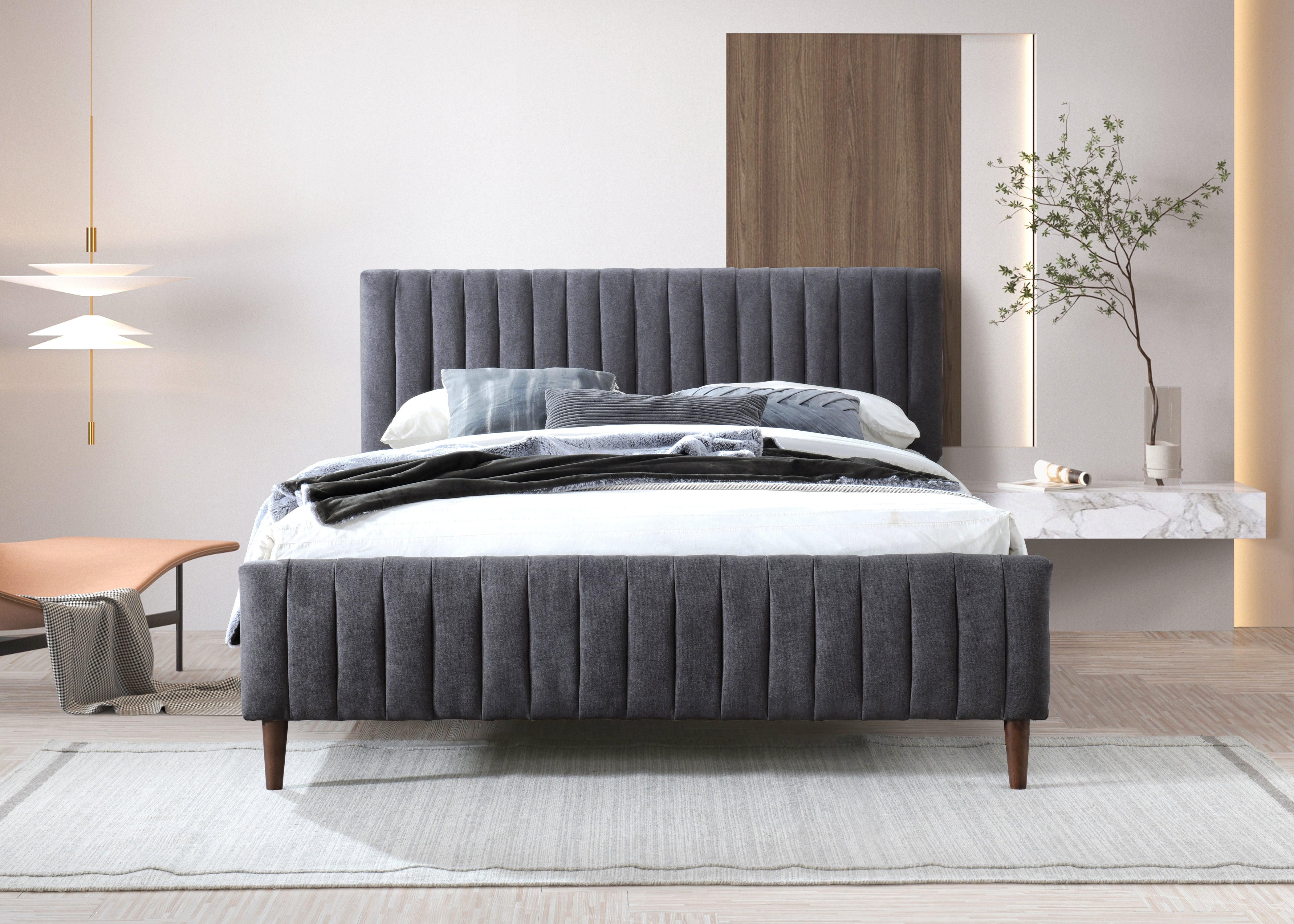 Spencer Upholstered Platform Bed - Queen size, Dark Gray