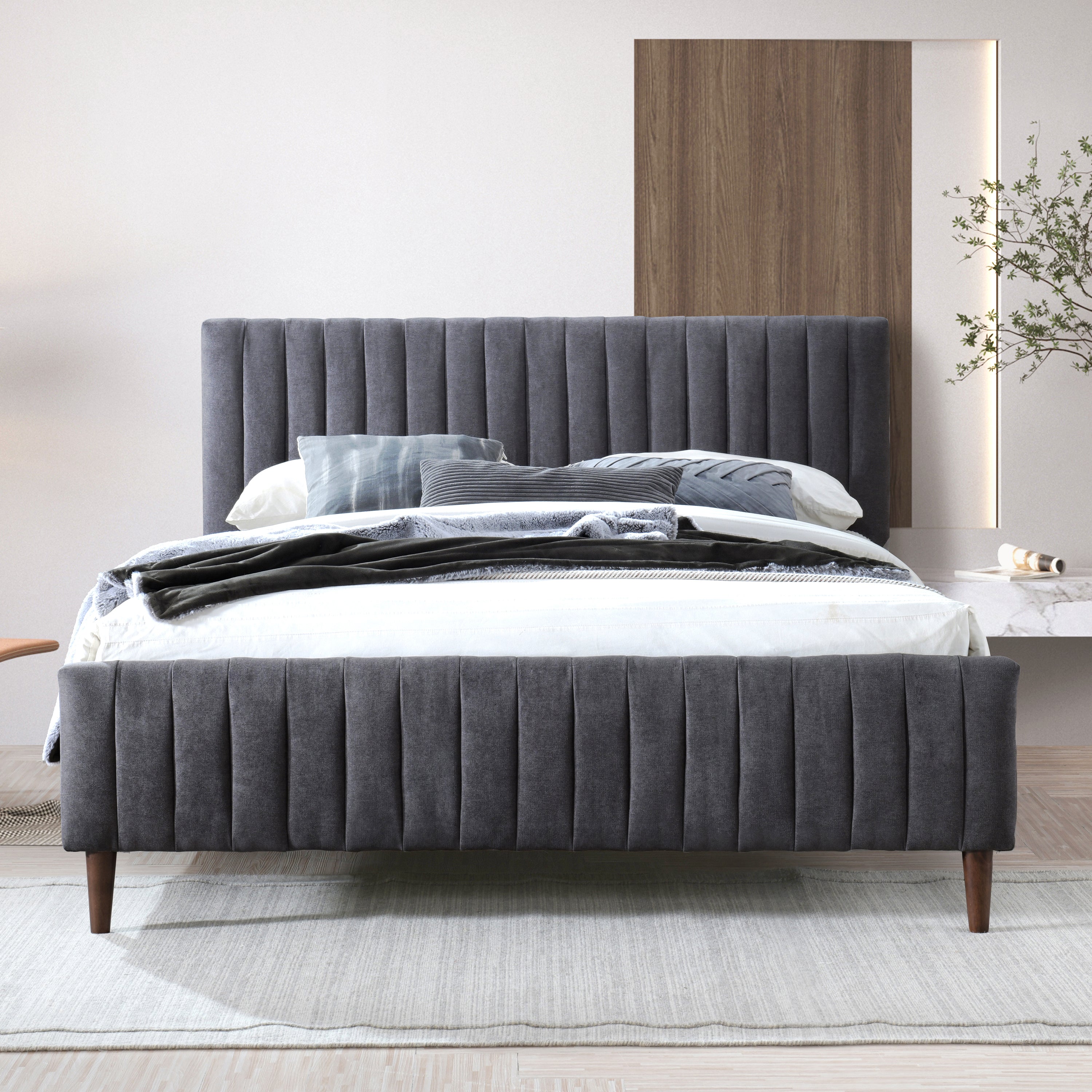 Spencer Upholstered Platform Bed - Queen size, Dark Gray