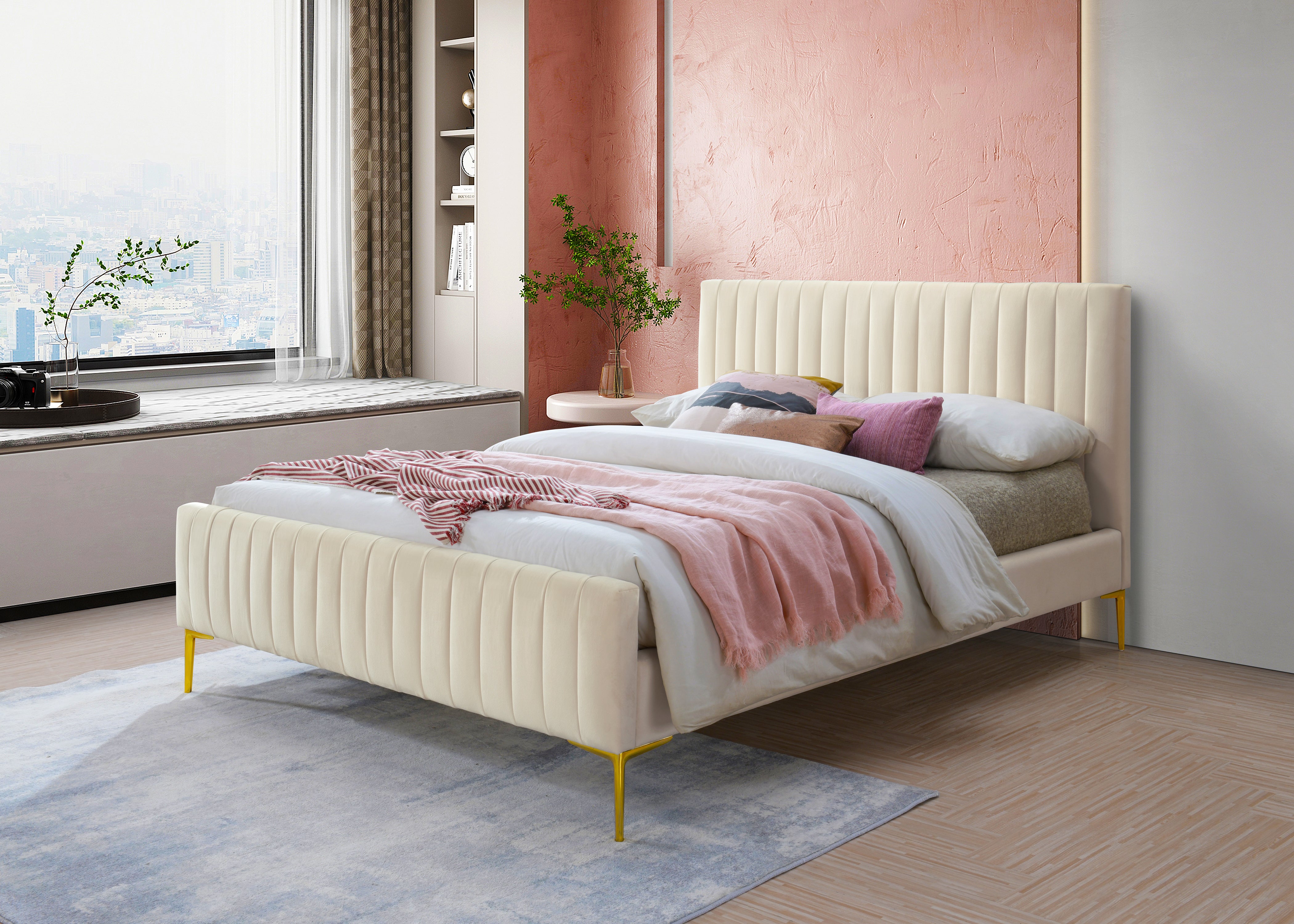 Julia Upholstered Platform Bed - Queen size, Ivory