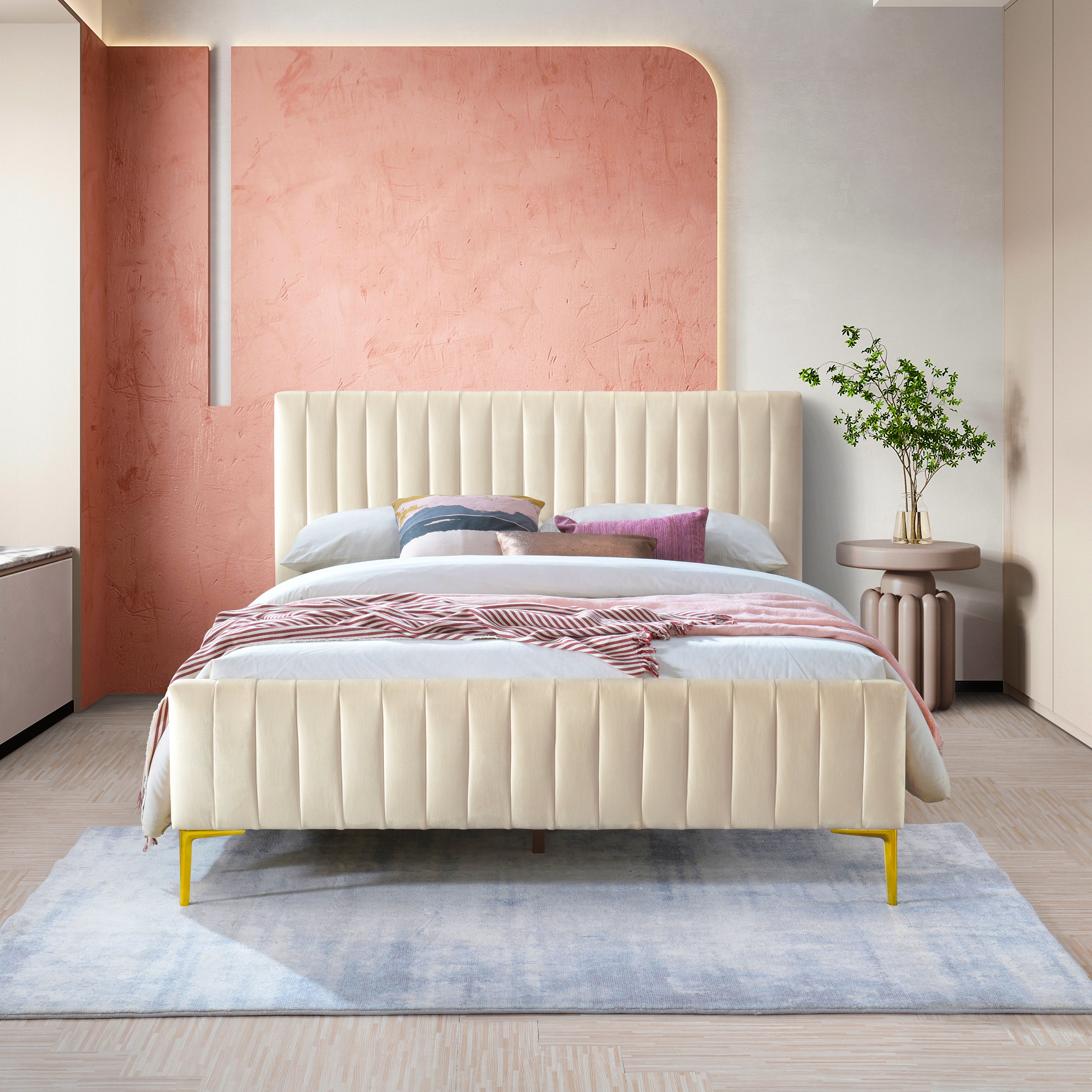 Julia Upholstered Platform Bed - Queen size, Ivory