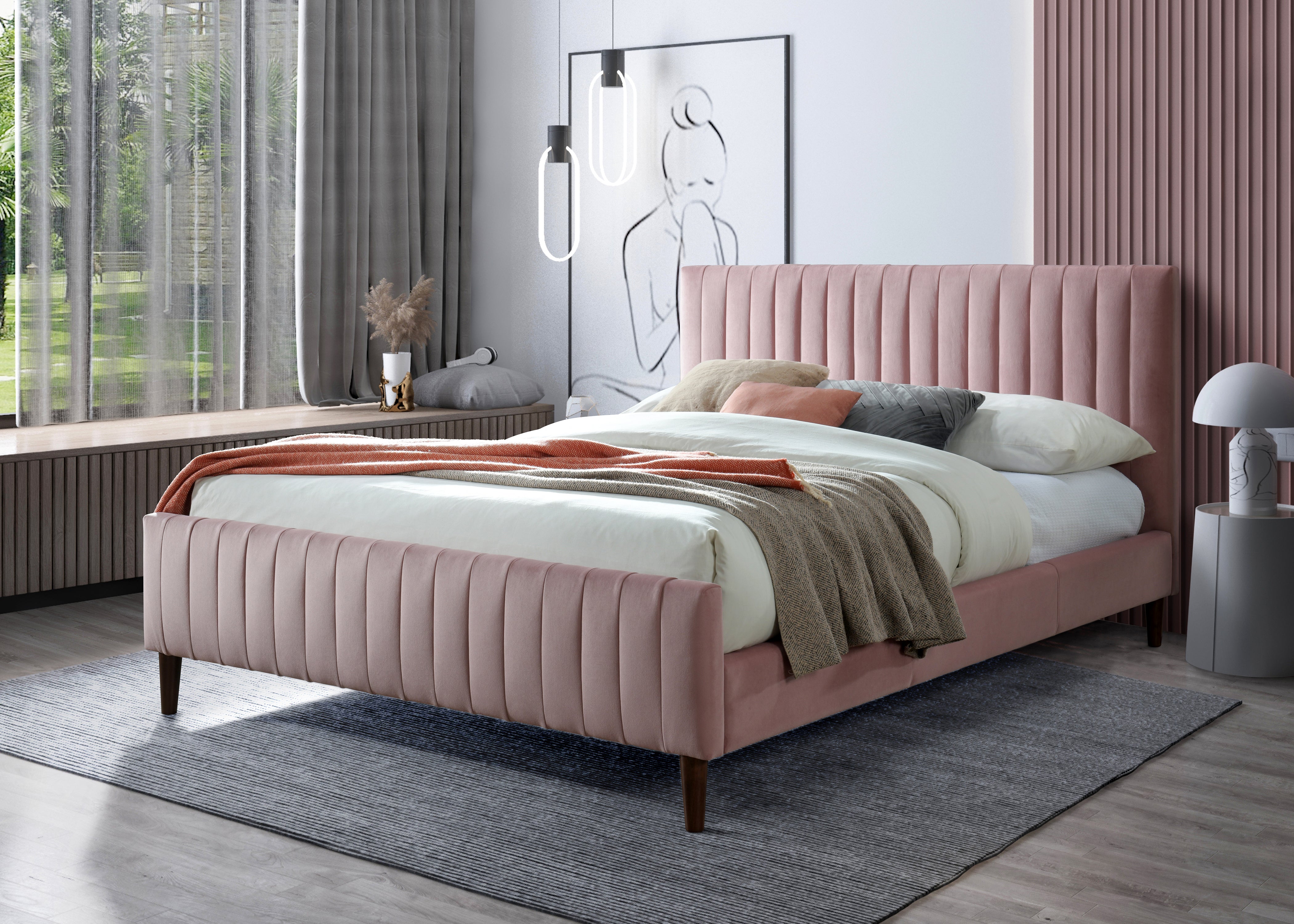 Spencer Upholstered Platform Bed - Queen size, Blush Velvet