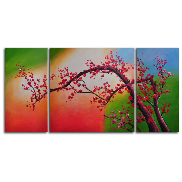 Hand Painted "Cherry blossom, colored aurora" 3 Piece Canvas Art Set