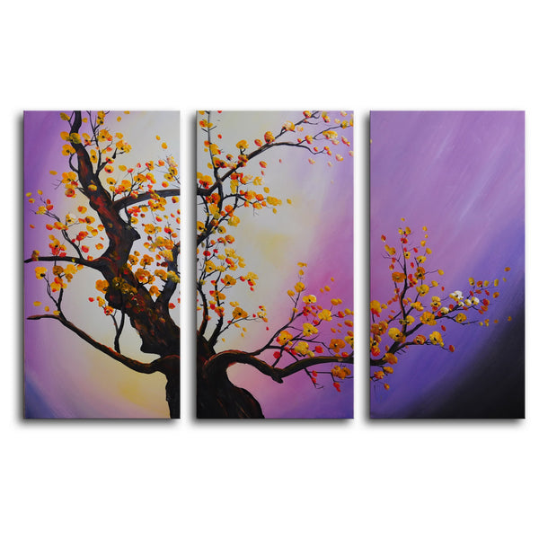 Hand Painted "Autumn leaves, purple aura" 3 Piece Canvas Art Set