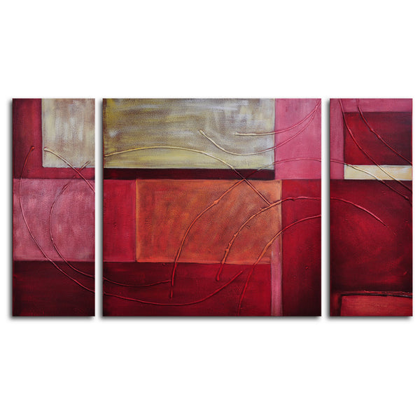 Hand Painted "Gold on red" 3 Piece Canvas Art Set