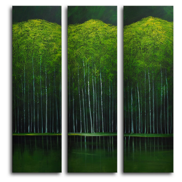 Hand Painted "Aspens on evening lake" 3 Piece Canvas Art Set