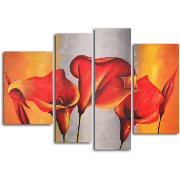 Hand Painted "Burnt orange, silver lilies" 4 Piece Canvas Art Set