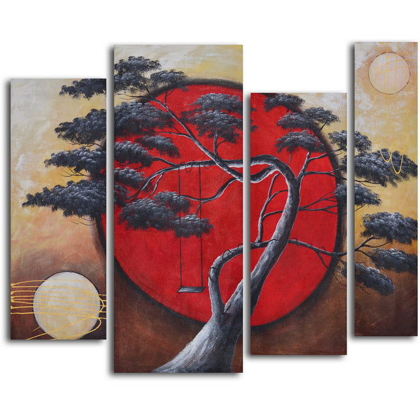 Hand Painted "Crimson sun, midnight moon" 4 Piece Set Oil Painting