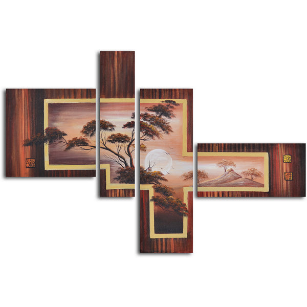 Hand Painted "Staired window treescape" 4 Piece Set Oil Painting