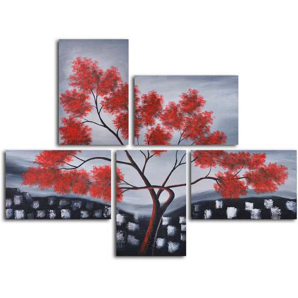 Hand Painted "Red leaves over rooftops" 5 Piece Set Oil Painting