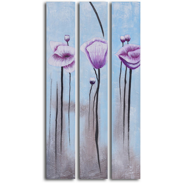 Hand Painted "Lavender poppies in white" 3 Piece Set Oil Painting