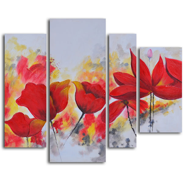 Hand Painted "Enflamed red petals" 4 Piece Set Oil Painting