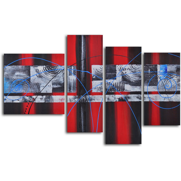 Hand Painted "Geometric symphony with blue" 4 Piece Set Oil Painting