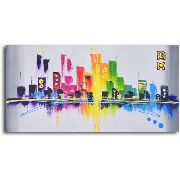 Hand Painted "Rainbow city scape" Oil Painting