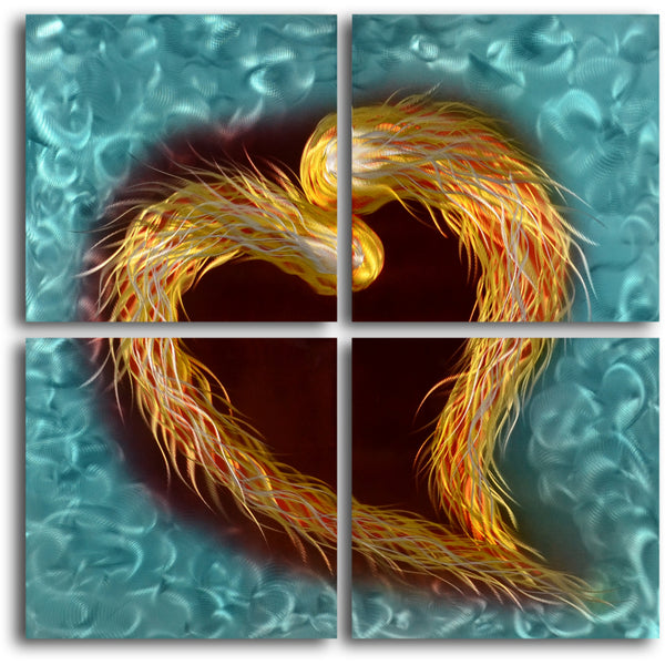 "Fire feathered heart" 4 Piece Contemporary Handmade Metal Wall Art Set