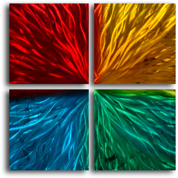 "Four square colored ripples" 4 Piece Contemporary Handmade Metal Wall Art Set